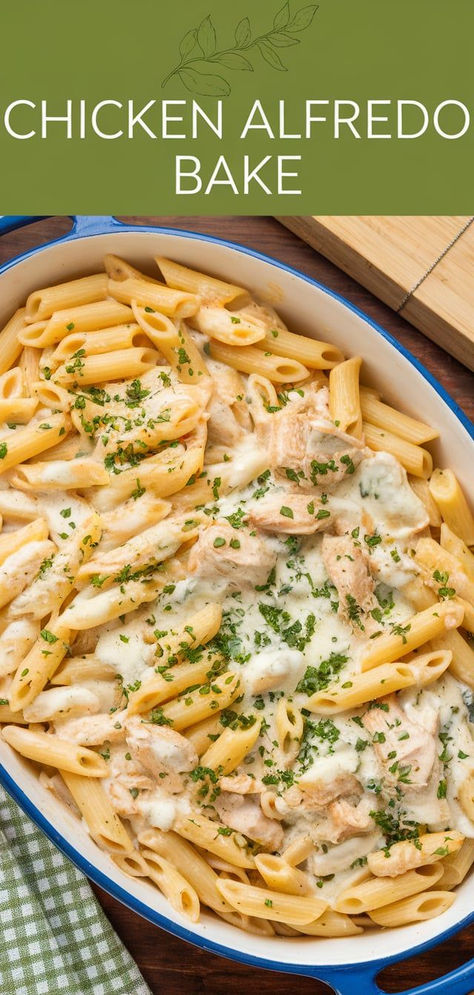 Creamy, cheesy, and comforting! This Chicken Alfredo Bake combines tender chicken, pasta, and a rich alfredo sauce for the ultimate baked dish. Pasta With Chicken And White Sauce, Chicken Alfredo For 2, Chicken Alfredo Bowtie Pasta, Baked Chicken Fettuccine Alfredo Recipe, Oven Baked Chicken Alfredo, Chicken Alfredo For A Crowd, Baked Alfredo Pasta, Chicken Alfredo Pasta Recipes, Alfredo Chicken Bake