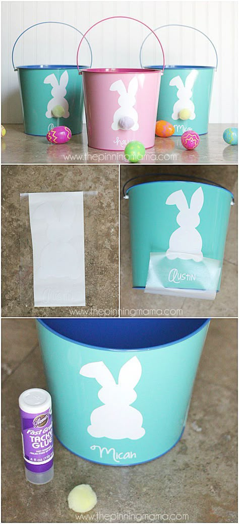 Such a cute Easter craft! I love making vinyl projects with my Silhouette CAMEO. Easter Cricut, Custom Easter Baskets, Free Silhouette Cut Files, Cameo Crafts, Easter Buckets, Craft Templates, Custom Easter, Easter Basket Diy, Easter Projects