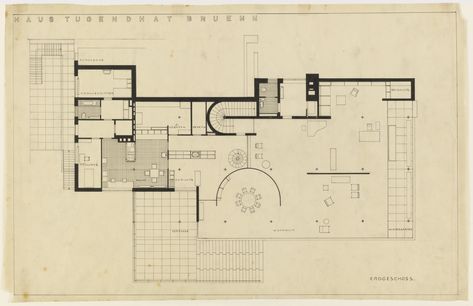 Ludwig Mies van der Rohe. Tugendhat House, Brno, Czech Republic, Ground floor plan. 1928-30 Mies Van Der Rohe Drawings, Mies Van Der Rohe Plan, Mies Van Der Rohe House, Mies Van Der Rohe Architecture, Tugendhat House, Villa Tugendhat, Brno Czech Republic, Farnsworth House, Toyo Ito