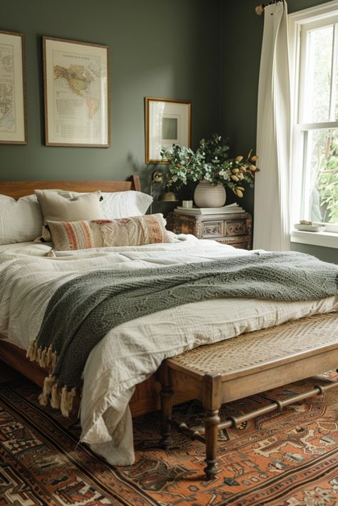 Tan And Green Bedroom, Small Cottage Bedroom, Earthy Bedroom Decor, Earthy Room, Cozy Earthy Bedroom, Earthy Bedroom Ideas, Green Bedrooms, Blue Gray Bedroom, Gallery Wall Bedroom