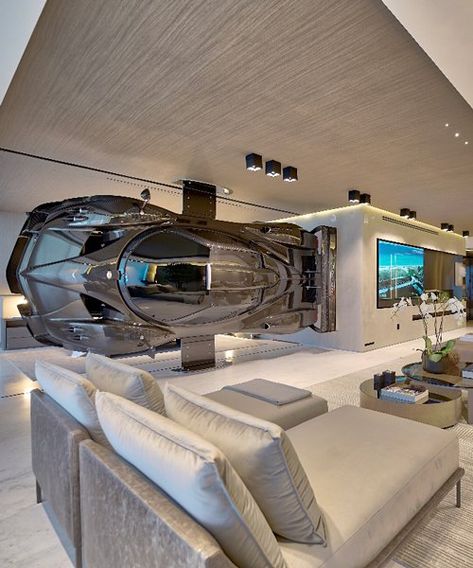 this miami residence is outfitted with a $1.5 million supercar mounted on the wall Brick Wall Decor, Casa Garage, Garage Design Interior, Luxury Garage, Modern Garage, Miami Houses, Pagani Zonda, Garage Interior, Garage Design