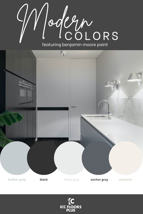 Create a sleek and chic modern oasis with a timeless color palette from @benjaminmoore. Gray Black And White Color Palette, Modern Industrial Palette, Modern Lux Color Palette, Modern Interior Color Palette 2023, House Color Schemes Interior Modern, Modern Clean Color Palette, Modern Art Deco Color Palette, Modern Grey Color Palette, Modern Pallete Color