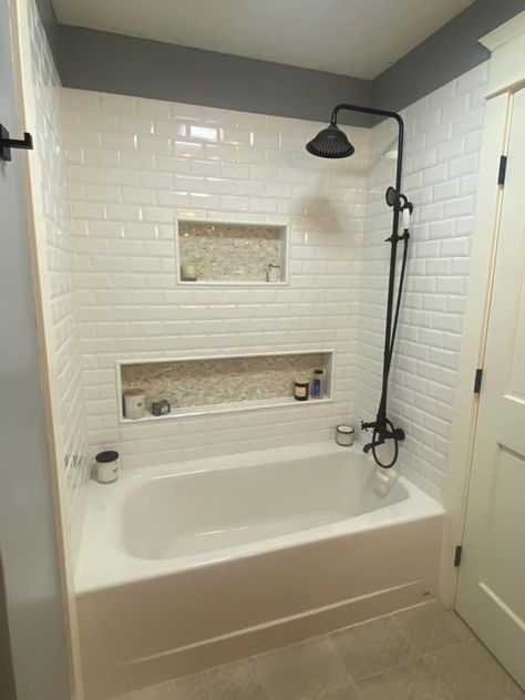 Bathroom Ideas With Tub Shower Combo, Guest Bathroom Tub Shower Combo, Tub Shower Combo Tile Ideas, Bathroom Remodel Tub Shower Combo, Small Bathroom Remodel With Tub Shower Combo, Bathroom Remodel With Tub Shower Combo, Tile Shower Tub Combo, Tub With Shower Combo, Small Bathroom Tub Shower Combo