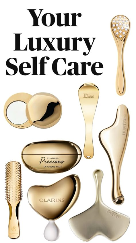 Gold-toned products for your vanity collection Luxury Self Care, Skin Aesthetics, Makeup Nails Designs, Skin Care Packaging, Beauty Routine Tips, Healthy Skin Tips, Pretty Skin, Healthy Lifestyle Inspiration, Beauty Equipment