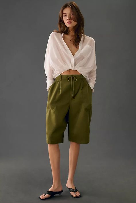 Knee Length Shorts Outfits Women, Parachute Shorts, Tie Styling, Spring 23, Summer Styling, Shorts Outfits Women, Anthropologie Uk, Shorts Outfits, Green Fits