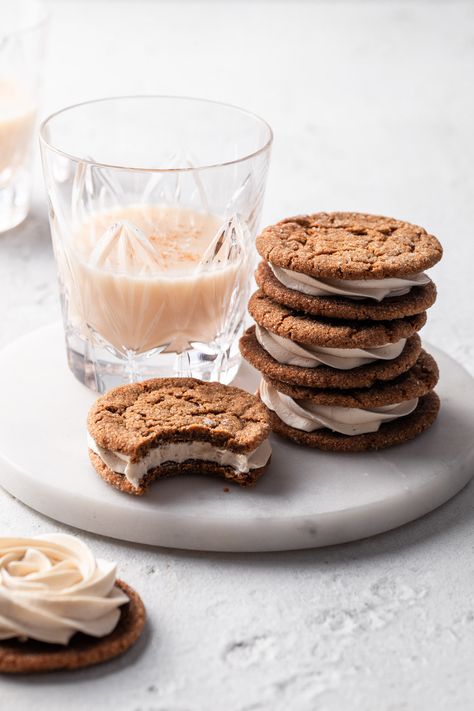 Molasses Sandwich Cookies, Vegan Molasses Cookies, Eggnog Frosting, Eggnog Buttercream, Cheesecake Jars, Sandwich Cookies Filling, Vegan Eggnog, Dairy Free Cheesecake, Vanilla Biscuits