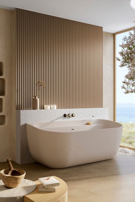 Discover the Noon Slate bathtub. 
The natural elegance of hand-carved stone, a cleverly integrated shelf and a trendy Season color: Petal. Enjoy this masterpiece of design and comfort. Hand Carved Stone, Carved Stone, Stone Carving, Season Colors, The Natural, Hand Carved, Shelves, Bath, Interior Design