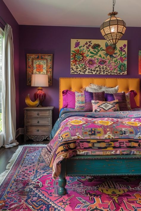 29 Boho Bedroom Layout Ideas 24 Colorful Eclectic Bedroom, Eclectic Bedroom, Colourful Living Room, Deco Originale, Bohemian Bedroom Decor, Bohemian Bedroom, Maximalism, Bedroom Layouts, Bedroom Boho