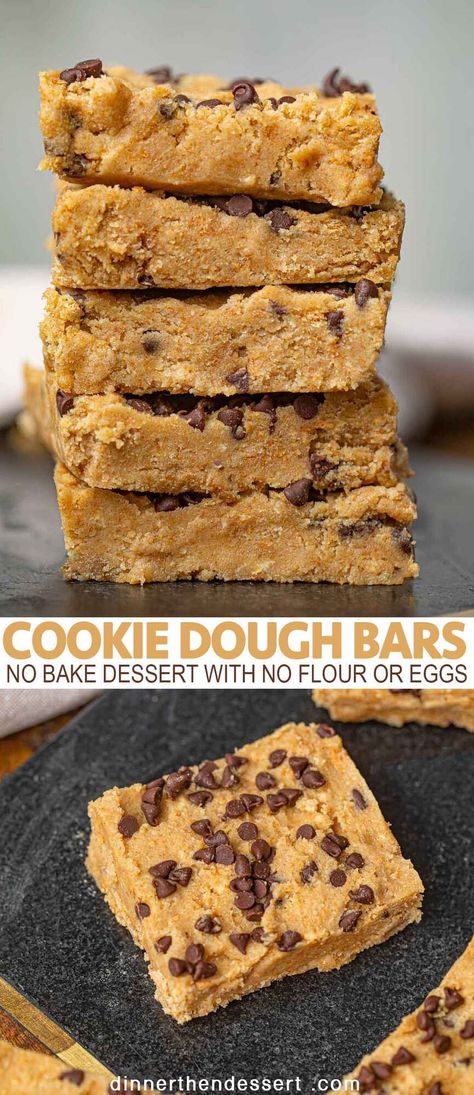 No-Bake Cookie Dough Bars No Bake Brownie Batter Bars, Easy Desserts With No Flour, No Flour Recipes Desserts, How To Make Cookies Without Flour, No Bake Cookies Without Chocolate, No Flour Baking, No Flour Baking Recipes, Eggless Cookie Dough To Bake, Easy Desserts No Flour