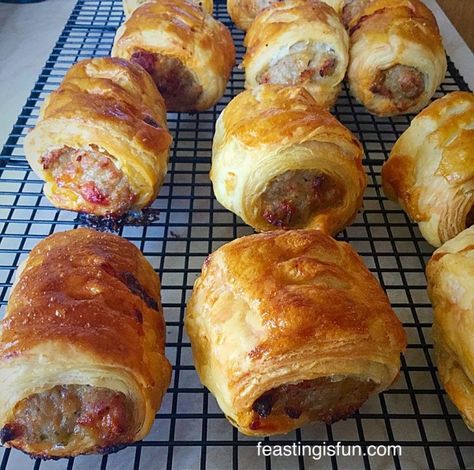 Prosciutto Wrapped Cheese Puff Pastry Straws - Feasting Is Fun Best Sausage Roll Recipe, Shortcrust Pastry Recipes, Sausage Rolls Recipe, Sausage Meat, Best Sausage, Cheese Puff Pastry, Sausage Roll, Apple Sausage, Lemon Potatoes