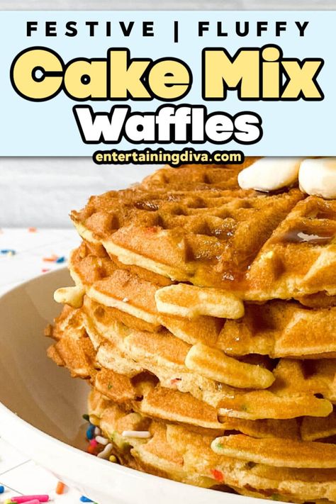 These cake mix waffles are so fun and easy to make! Made from boxed cake mix, these crispy waffles are delicious and taste just like your favorite cake. Perfect for any celebration or brunch! Cake Mix Waffles, Diy Waffles, 2 Ingredient Cakes, Pumpkin Cake Mix, Best Waffle Recipe, Crispy Waffles, Pumpkin Cake Easy, Blueberry Cake Mix, Betty Crocker Cake Mix