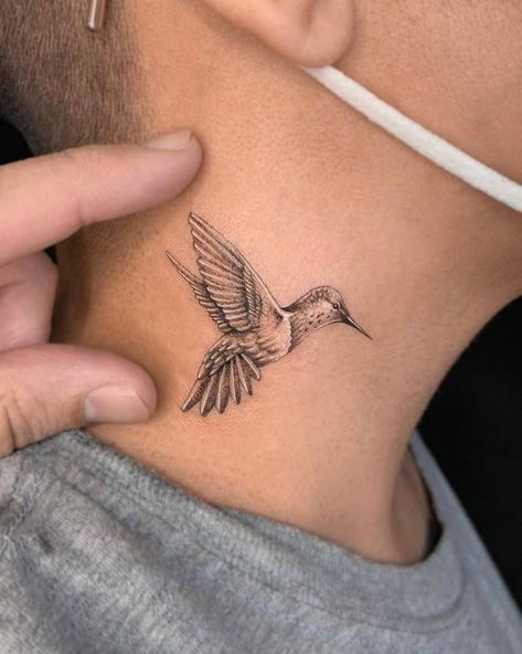 Neck 2 Humming Bird Neck Tattoo, Hummingbird Tattoo For Men Guys, Men Hummingbird Tattoo, Humming Bird Tattoo For Men, Men’s Hummingbird Tattoo, Hummingbird Tattoo Neck, Mens Hummingbird Tattoo, Small Thigh Tattoo Men, Hummingbird Neck Tattoo