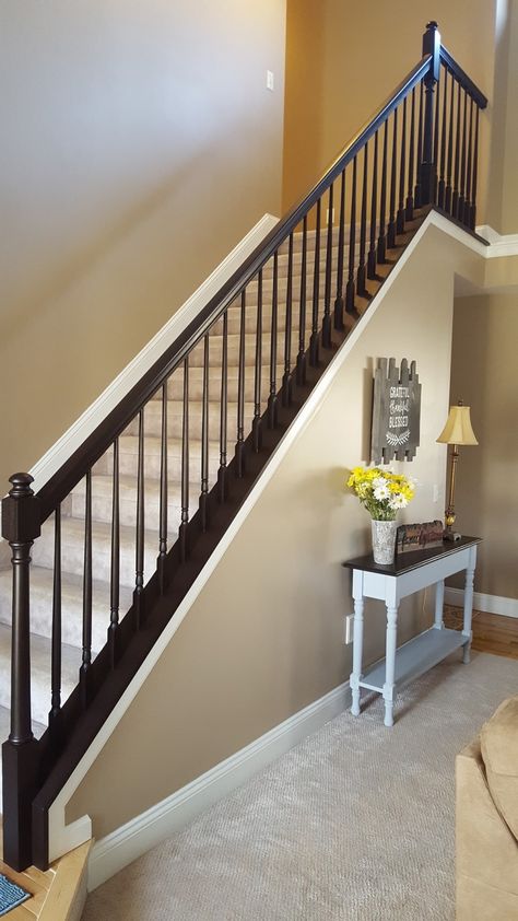 Staircase Railing Java Gel Upgrade | General Finishes 2018 Design Challenge Stain Stair Railing, Gel Stain Staircase, Oak Stair Railing, Stain Staircase, Above Stairs Decor, Stained Staircase, Java Stain, Redo Stairs, Stair Railing Makeover