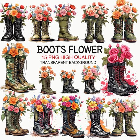 Flowers In Boots, Boots Flowers, Png Flowers, Witch Boots, Beauty Flowers, Army Boots, Flowers Clipart, Clipart Design, Kids Room Design