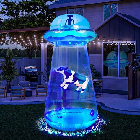 This UFO Inflatable Halloween decoration is with built-in LED lights. Light up in the evening for the best attraction to neighbors and guests. It is 9 feet tall UFO inflatable yard decoration that comes with extended cords, ground stakes, fastened ropes, built-in sandbags, and a plug with UL certification. Premium Quality. Youngsters may assist in decorating very easily and safely! Plug it in, and everything appears instantly! Additionally, it is ideal for trick-or-treating events and outdoor Ha Aliens Halloween Decorations, Outside Halloween Party, Funny Halloween Decorations, Outside Halloween Decorations, Halloween Blow Ups, Halloween Haunted House Decorations, Alien Halloween, Haunted House Decorations, Halloween Inflatables