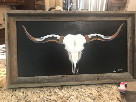 Cow Skull Art Painted Canvas, Bull Skull Painting Canvas, Large Western Painting, Longhorn Skull Painting Canvas, Cow Skull Painting Ideas On Canvas, Diy Western Canvas Painting, Western Acrylic Painting, Bull Skull Painting, Longhorn Skull Painting