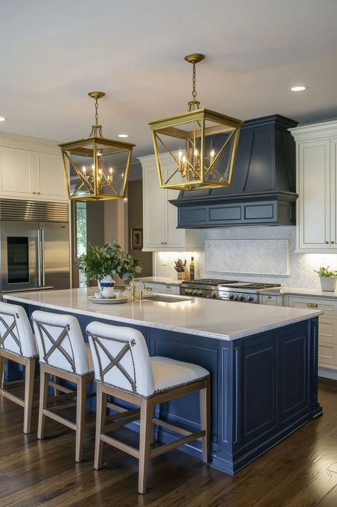 25 Navy Blue Kitchens You’ll Fall in Love With - Kitchen Informant Navy Blue White And Gold Kitchen, Modern Farmhouse Navy Blue, Small Blue And White Kitchen, Blue House Aesthetic, Blue Accent Kitchen, White Kitchen Navy Island, White Kitchen With Blue Island, Navy Blue Kitchens, Blue And Grey Kitchen