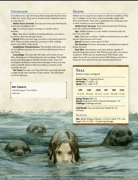 Dnd Octopus Race, Male Selkie Character Design, Dnd Siren, Water Druid, Homebrew Races, 5e Races, Dungeons And Dragons Races, Dnd Creatures, Dnd Stories