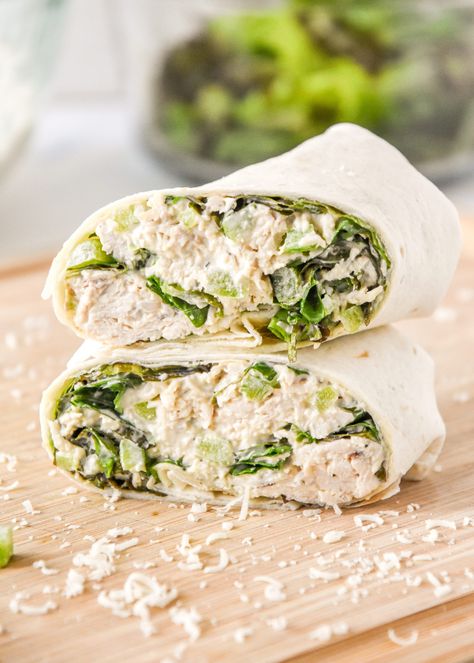 Keep lunch prep easy with these Caesar Chicken Salad Lunch Wraps! Mix up the caesar chicken salad ahead of time, then enjoy with greens on a wrap, as a sandwich, or dip in crackers at lunchtime. Simple & make-ahead friendly! ProjectMealPlan.com Ceasar Wrap Recipes, Caesar Chicken Salad, Chicken Salad Lunch, Chicken Caesar Salad Wraps, Caesar Salad Wrap, Chicken Caesar Wrap, Salad Wrap, Caesar Chicken, Chicken Salad Wrap