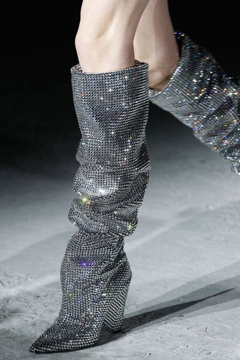 13 Slouch Boots to Try If You Love Saint Laurent’s Wait-Listed Rhinestone Pair - Vogue 2000s Fashion Trends, Silver Boots, Custom Boots, Spike Heels, Slouched Boots, Glitter Shoes, How To Stretch Boots, Fabulous Shoes, 로고 디자인