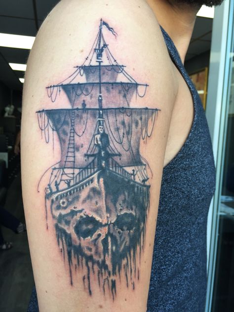 Ghostly pirate ship done in the studio by Greg. Hope you like it. Ghost Ship Tattoo, Seaside Tattoo, Arm Tattoos With Meaning, Rocket Ship Tattoo, Ship Tattoos, Pirate Ship Tattoos, Pirate Ship Tattoo, Pirate Aesthetic, Navy Tattoos