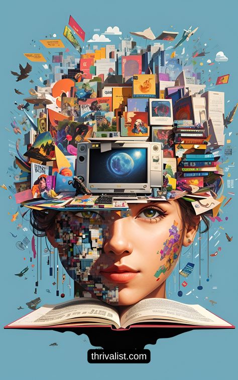 WOMAN COVERED BY BOOKS AND A LOT OF INTERNET STUFF Art About Education System, Art About Technology, Nature Vs Technology Drawings, Impact Of Social Media Art, Technology Vs Nature Art, Powerpoint Presentation Themes, Create Your Future, Study In Uk, Drawings With Meaning