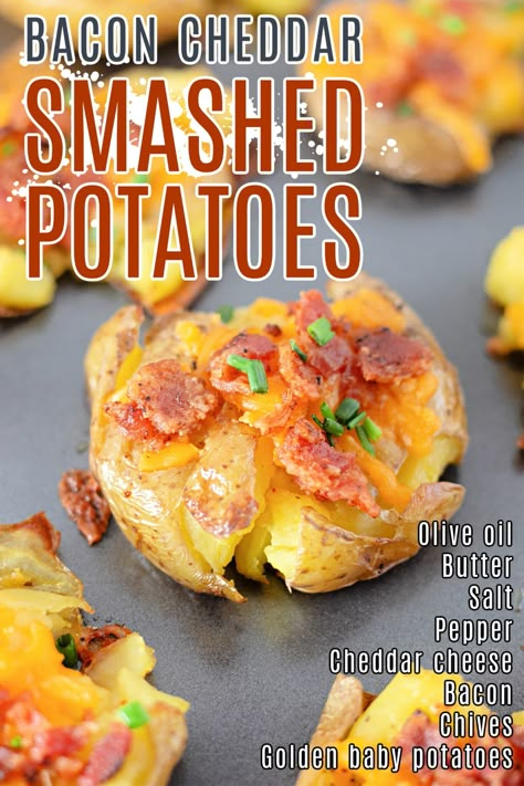 Potato Skin Recipe, Smash Potatoes Baked, Smash Baby Potatoes, Loaded Smashed Potatoes Baked, Smashed Potatoes Appetizer, Smashed Potatoes On The Grill, Smashed Potato Appetizer, Smashes Potatoes Recipe, Loaded Smashed Baby Potatoes