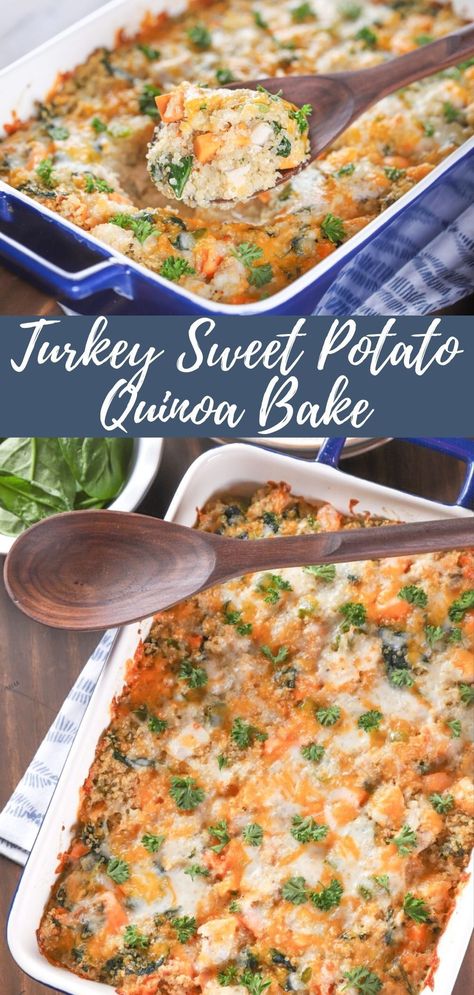 Chicken Quinoa Sweet Potato Casserole, Ground Turkey Sweet Potato Quinoa, Sweet Potato Quinoa Casserole, Turkey Quinoa Casserole, Turkey And Sweet Potato Bake, Quinoa And Turkey Recipes, Turkey Sweet Potato Casserole, Chicken Quinoa Casserole Recipes, Healthy Turkey Casserole