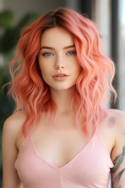 Coral-pink beach waves offer a sunny, relaxed vibe. This breezy look is ideal for vacations or casual outings. Click here to check out more trending pink hair color ideas for 2023. Pink To Peach Ombre Hair, Peach Pink Balayage, Peach Colour Hair, Coral Hair Color Pastel, Salmon Color Hair, Beach Hair Color Ideas, Ombré Pink Hair, Hair Colour 2024 Trends, Salmon Hair Color