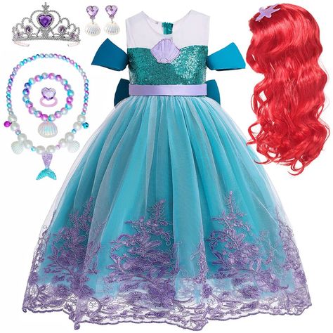 PRICES MAY VARY. Great little mermaid costume for girls, includes sequin and lurex mermaid dress, long synthetic red hair wig, tiara, necklace and gloves. Deluxe Ariel costume and wig set for girls. Super durable. Superior quality. 100% polyester. Super value pack for role play. Perfect for Halloween dress up parties, little mermaid costume, Ariel costume, Ariel dress, mermaid girl costume, undersea adventure themed parties, Halloween costume dress up, little mermaid role playing, activity, ever Black Dress Halloween Costume, Baby Pumpkin Costume, Girls Mermaid Costume, Mermaid Wig, Ariel Costume, Ariel Birthday Party, Ariel Costumes, Ariel Cosplay, Birthday Party Halloween