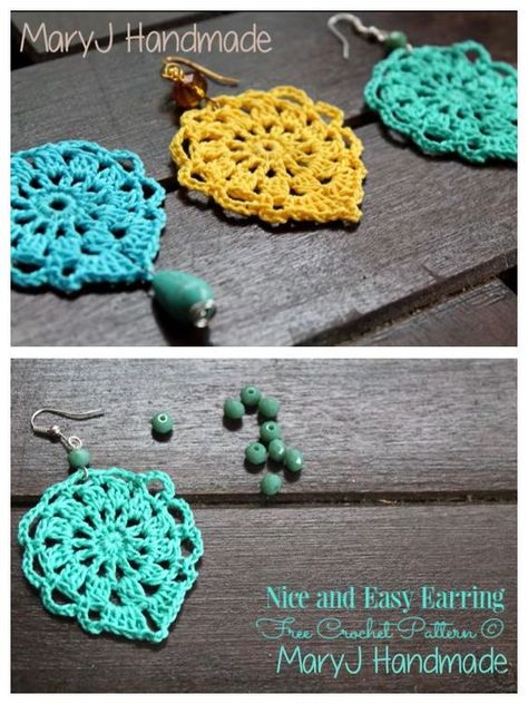 Crochet Doily Earrings Free Pattern, Easy Crochet Earrings For Beginners, Crochet Thread Earrings, Crochet Earrings Easy, Crochet Boho Earrings Free Pattern, Free Pattern For Crochet Earrings, Free Crochet Earring Pattern, Crochet Jewelry Patterns Earrings, Easy Crochet Earrings Free Pattern