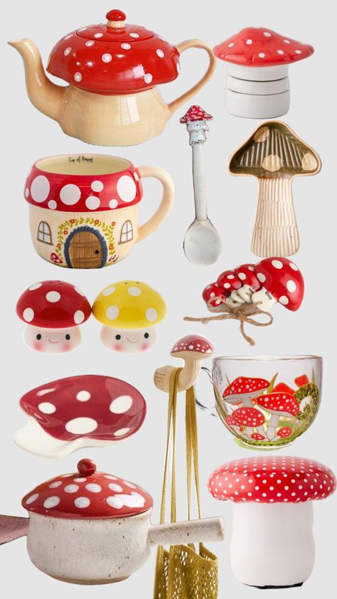 Mushroom kitchen decor Mushroom Decor Aesthetic, World Market Mushroom, Mushroom Things To Buy, Mushroom Themed Room Decor, Fantasy Kitchen Decor, Mushroom Astethic Room, Vintage Mushroom Kitchen Decor, Fairy Kitchen Decor, Witchcore Home Decor