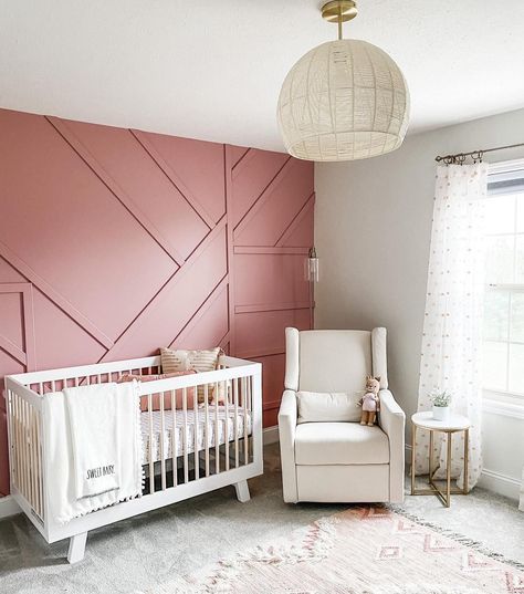 It's no secret we love a dark moody wall and are used to seeing olive, black, moody greens, but this mauve has us in LOVE! 📸: @kates.kreations Nursery Accents, Nursery Accent Wall, Nursery Reveal, Board Batten, Nursery Decorations, Baby Room Themes, Girl Bedrooms