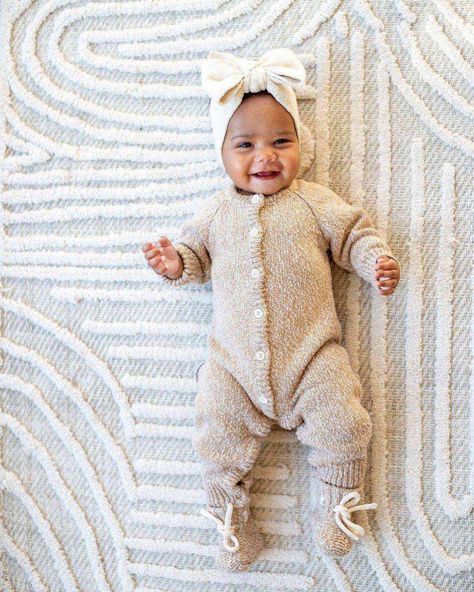 Baby smiles for your Monday blues ☺️ 📷 | @justamelbournemama Outfit: Classic Knit Romper - Almond, Knit Booties - Almond. . . #baby #newborn #newbornphotography #babygirl #babyboy #babyphotography #babyknits #babyknitwear #babyromper #babyknitromper #babyboutique #newmom #expecting #pregnant #momtobe #momsofinstagram #momlife #mom #momblogger #mombloggers #momblog #ziggylou #bravelittlelamb Newborn Fall Outfits, Ribbed Romper, Honey Milk, Almond Color, Knit Romper, Knitted Booties, Scripture Cards, Knitted Romper