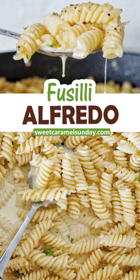 Spoon holding fusilli alfredo over plate of the same. Text label indicating 'fusilli alfredo' between 2 images. Creamy Fusilli Pasta, Healthy Fusilli Pasta Recipes, Fusilloni-pasta Recipe, Fusili Pasta Recipes, Fusilli Pasta Recipes, Fettucini Alfredo Recipe, Fusilli Pasta Recipe, Fusili Pasta, Fusilli Recipes