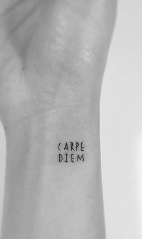 Carpe Diem Minimalist Tattoo, Minimalist Tattoo Writing, Seek First Tattoo, Tattoo Ideas Carpe Diem, Every Second Counts Tattoo, Small Sentence Tattoo, Minimalist Tattoo Words, Carpe Diem Tattoo Fonts, Simple Text Tattoo