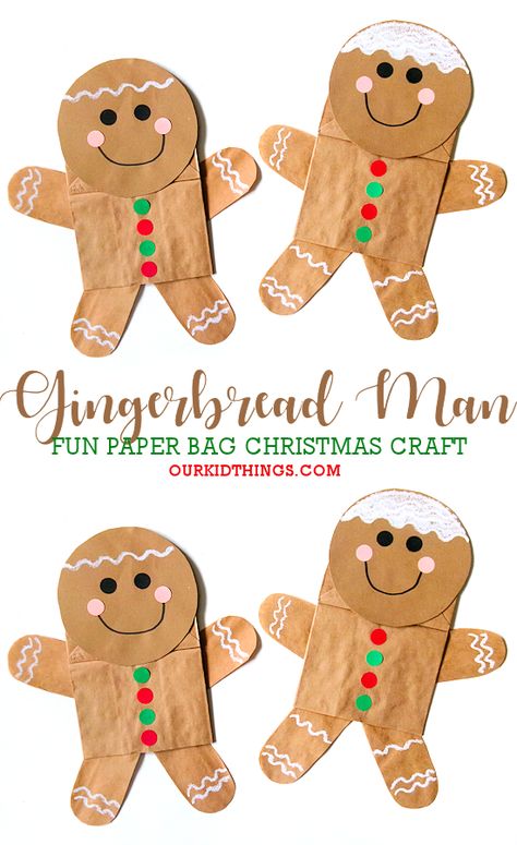 Christmas Crafts For Toddlers Gingerbread Man, Christmas 2nd Grade Crafts, Gingerbread Paper Bag Craft, Secret Santa Classroom For Kids, Ginger Bread Crafts For Preschoolers, Gingerbread Process Art, Paper Bag Crafts Christmas, Gingerbread Craft For Preschool, Paper Gingerbread Man Craft