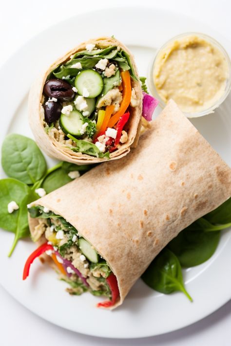 Healthy Mediterranean Veggie and Hummus Wrap: Nourishing, Wholesome Recipe for a Vibrant Lifestyle #mediterraneandiet Mediterranean Diet Wraps, Wraps With Hummus, Mediterranean Wrap, Food Mediterranean, Vibrant Lifestyle, Creamy Hummus, Hummus Wrap, Cheese Alternative, Spinach Wraps