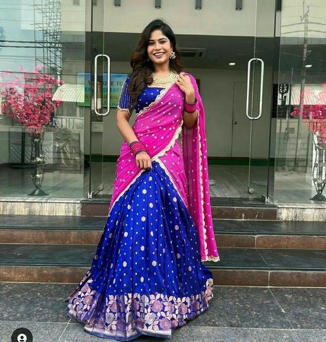 Ugadi Pictures, Half Saree Colour Combinations, Half Saree Lehenga Color Combinations, Half Saree Designs Simple, Lehenga Color Combinations, Pink Half Sarees, Cloth Designs, Best Indian Wedding Dresses, Long Blouse Designs