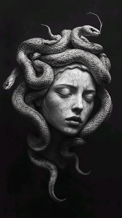 Medusa Statue Tattoo, Drawing Medusa, Snake Portrait, Drawing Snake, Medusa Statue, Statue Drawing, Goddess Statues, Fantasy Tattoo, Sculpture Drawing