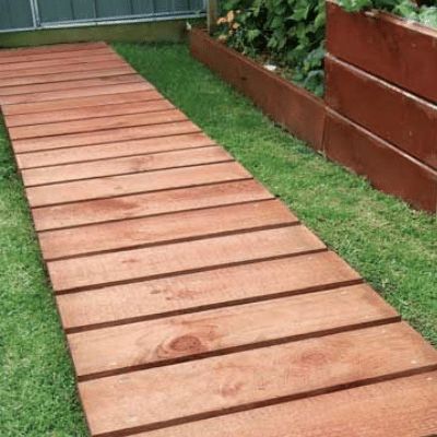 Set-Your-Sleeper-Boards-and-Frame Wooden Landscape, Diy Garden Path, Landscape Walkway, Wood Walkway, Walkway Landscaping, Outdoor Walkway, Wooden Walkways, Path Design, Garden Walkway