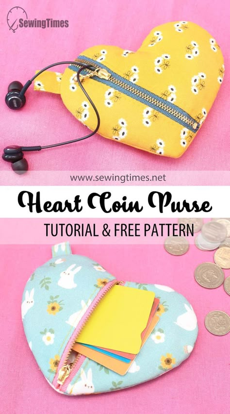 DIY HEART COIN PURSE | Heart Zipper Pouch Sewing Pattern & Tutorial [sewingtimes] Zipper Pouch Sewing Pattern, Sewing Times, Sew Pouch, Sewing Projects Beginner, Upcycled Denim Diy, Pouch Sewing Pattern, Heart Coin Purse, Diy Coin Purse, Coin Purse Pattern