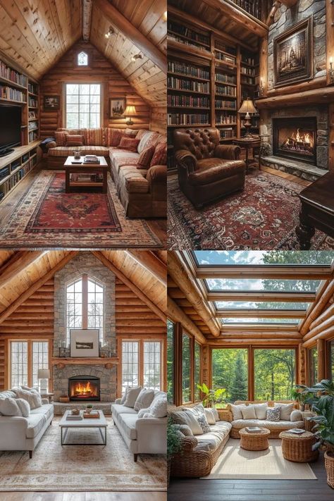 From stone fireplaces to warm wood interiors, these stunning log home ideas will make you want to escape to the mountains! Save this for all the cozy inspiration. Cozy Inspiration, Log Home Ideas, Stone Fireplaces, Rustic Retreat, Wood Interiors, To The Mountains, Log Home, Aesthetic Ideas, Home Aesthetic