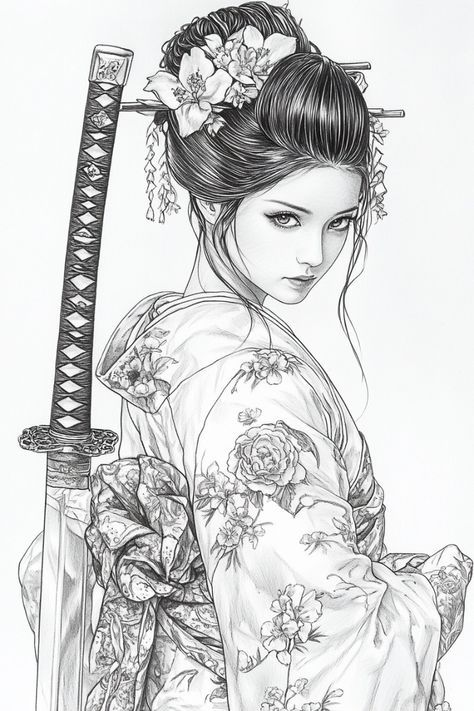 Warrior And Dragon Tattoo, Female Samurai Tattoo Design, Japanese Warrior Drawing, Japanese Tattoo Art Geisha, Female Warrior Tattoo Strength, Samurai Girl Tattoo, Japanese Sketch Art, Geisha Sketch, Woman Samurai