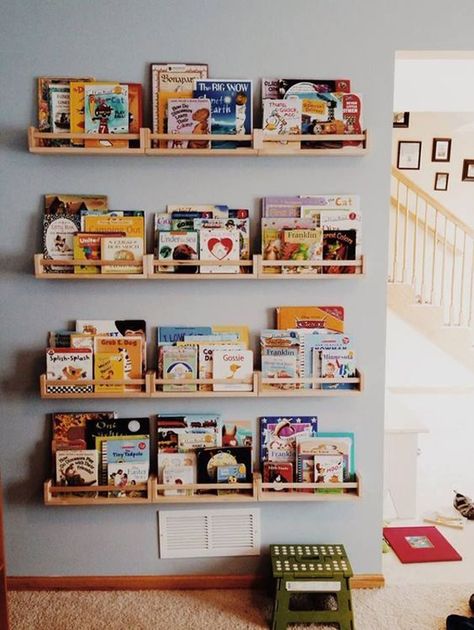 55 Ingenious Ways To Use IKEA Spice Racks | Home Design And Interior Ikea Spice Rack Hack, Spice Rack Bookshelves, Ikea Spice Racks As Book Shelves, Ikea Baby Room, Ikea Bookshelf Hack, Ikea Book, Baby Room Shelves, Ikea Spice Rack, Ikea Kids Room