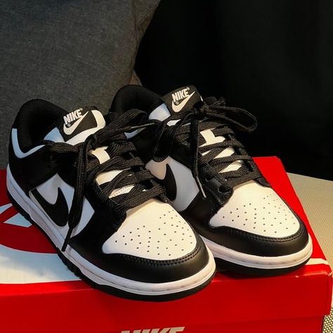 Nike Dunk Low Panda Low Dunk white/white/black Nike Dunk Low Noir Blanc, Panda Dunk Aesthetic, Panda Nike Dunks Outfit Woman, Pandas Shoes, Black Panda Dunks, Nike Black And White Shoes, Pandas Nike, Low Top Dunks, Black And White Dunks