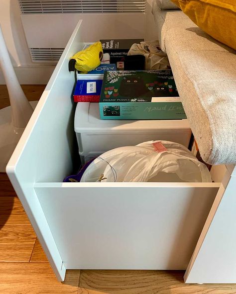 Under bench roll out storage with games Ikea Smastad Bench, Storage Dining Bench, Smastad Bench, Dining Storage Bench, Ikea Bench Hack, Kitchen Built In Seating, Built In Storage Bench, Ikea Breakfast Nook, Banquette With Storage