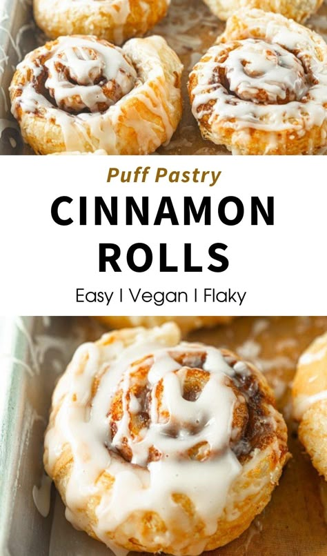 Cinnamon Rolls With Puff Pastry, Quick Cinnamon Rolls Recipe, Flaky Cinnamon Rolls, Puff Pastry Vegan, Recipes With Cinnamon, Recipes With Puff Pastry, Puff Pastry Cinnamon Rolls, Quick Vegan Desserts, Vegan Puff Pastry