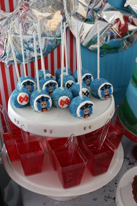 #thomasthetraincakepops, thomasthetrain, thomasthetrainbirthdayparty, #cakepops, #sagerssweets Thomas The Train Cake, Train Theme Birthday Party, Thomas Train Cake, Thomas Cakes, Train Cake, Train Theme, 3rd Birthday Cakes, Thomas The Train, Theme Birthday