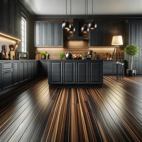 dark kitchen cabinets and espresso bamboo floors White Herringbone Floor, Flooring Options Durable, Espresso Kitchen Cabinets, Bamboo Floors, Espresso Cabinets, Espresso Kitchen, Dark Kitchen, Granite Flooring, Dark Kitchen Cabinets